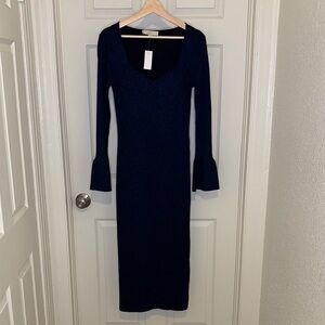 LOFT Ribbed Trumpet Sleeve Midi Sweater Dress in Navy